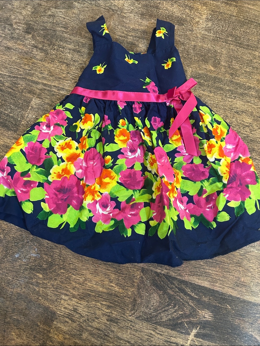 Jessica Ann Navy Floral Dress with Pink Ribbon Accent